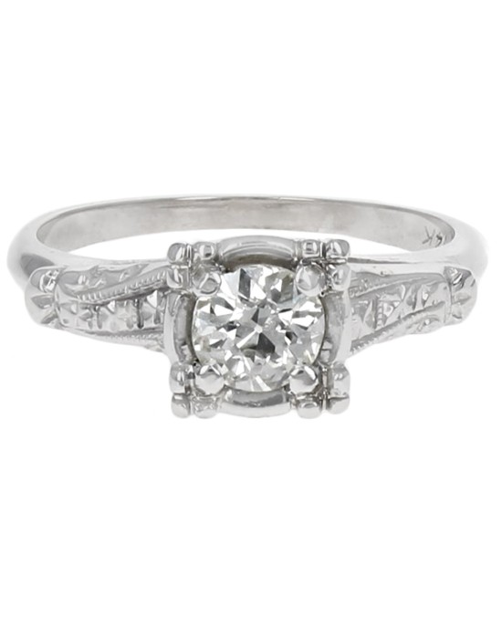 Vintage Diamond Solitaire Milgrain Engagement Ring in White Gold
